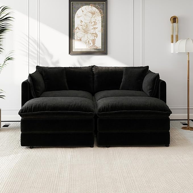 Aoowow Modular Sectional Sofa Modern Convertible Loveseat Couch,77.16 Inch Deep 2-Seater Sofas Comfy Chenille Cloud Sofas and Couches Set with 2 Movable Ottoman for Living Room Apartment（Black）