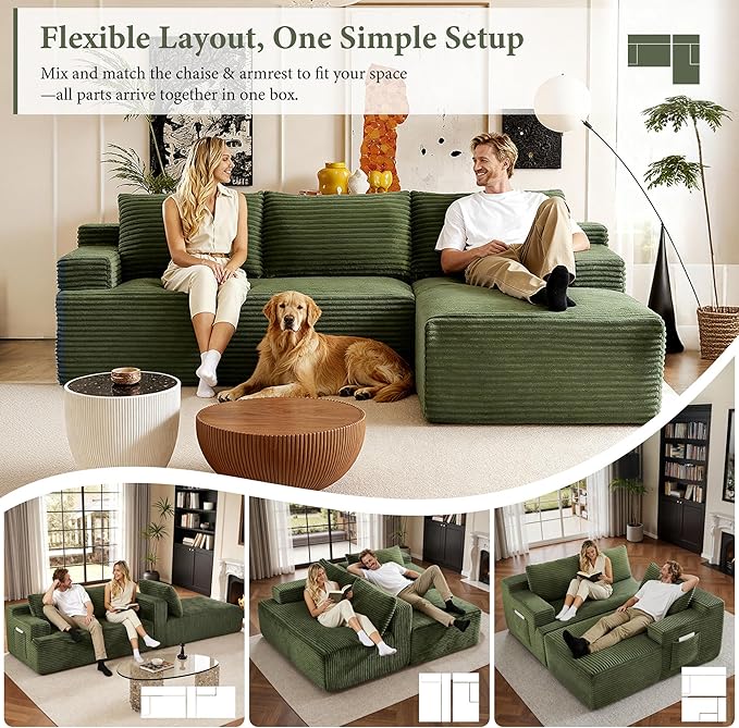 96" Sectional Couches for Living Room Cloud Couch Sofa with L-Shape Upholstered Boneless Couchs Modern Modular Sectional Couch with Chaise (Green, 96" W+Right Facing Chaise+2Seaters)