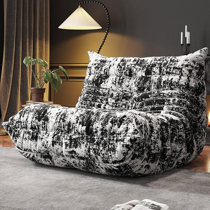 Memory Foam Bean Bag Chair for Adults, Teddy Material Beanbag Sofa with Filler, Cozy Floor Lounge Seat for Living Room, Bedroom, Dorm, Office (Ink Painting)