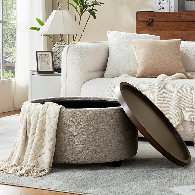 30 Inch Round Storage Ottoman, Ottoman Coffee Table with Lift Off Lid, Boucle Modern Ottomans with Storage for Living Room, Bedroom, Apartments (Light Brown Striped)