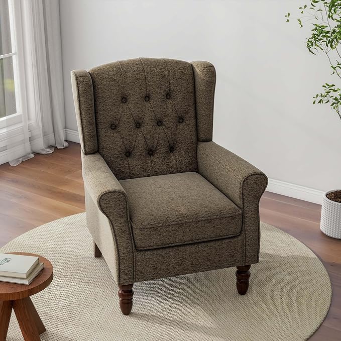 DREAMSIDEA Accent Chair, Upholstered Armchair with Button Tufted High Back & Solid Wood Legs, Comfy Wingback Reading Single Sofa Chair for Small Spaces, Living Room, Bedroom (Taupe, Set of 2)