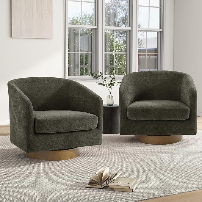 Swivel Barrel Chair, Modern Round PU Leather Accent Armchair for Living Room, Bedroom, Oversized Comfy Club Reading Chairs for Adults (Chenille Tan, Set of 1)