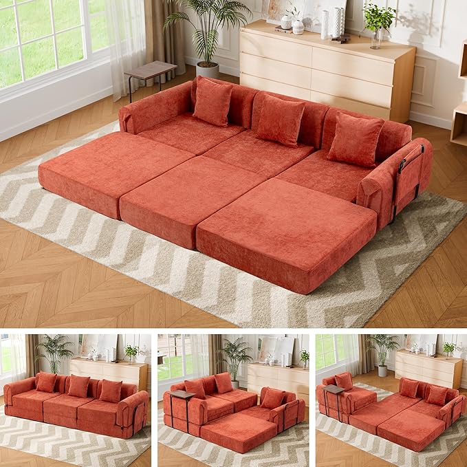 100" Oversized Convertible Sleeper Sofa Bed, Modular Sectional Cloud Sofa with Fixed-Shape Frame & Tabletop, Boneless Couch with Storage Pocket for Living Room, No Assembly Required, Orange