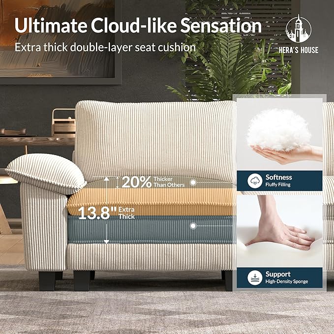 HERA'S HOUSE 158" Modular Sectional Sofa, Oversized U Shaped Couches for Living Room, Comfy Cloud Couch with Ottoman, 6-Seater Deep Seat Sofa with Throw Pillow, Corduroy Beige
