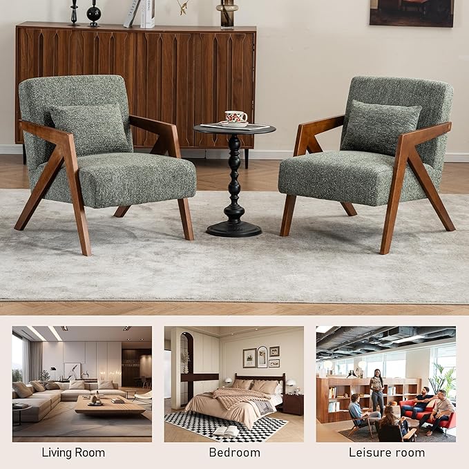 Mid-Century Modern Accent Chair Set of 2 with Solid Wood Frame，Upholstered Chenille Living Room Arm Chairs with Pillow for Bedroom, Living Room, Reading Room, Balcony, Green