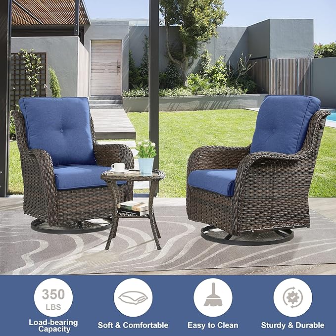 Belord Outdoor Furniture Sectional Sofa L Shaped Couch - Patio Wicker Set with 2 Swivel Glider Chairs, 8 Piece Rattan Patio Conversation Sets with Blue Cushion for Deck Backyard Sunroom