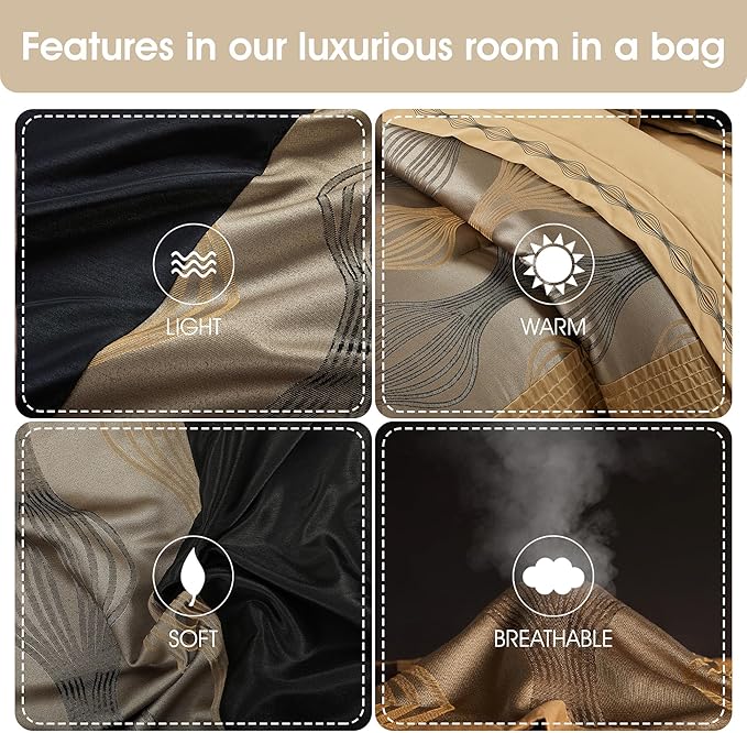 Grand Avenue Elegant Black and Gold Comforter Set King Size, Striped,15 Piece Room-in-A-Bag, Jacquard Bedding Set, All Season, Matching Decorative Pillows, Pillow Sham, Curtains