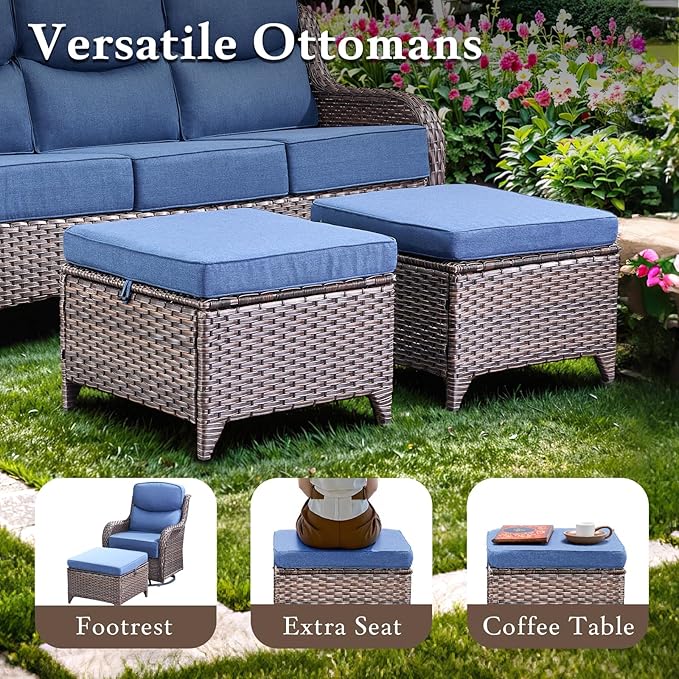 moosprr Luxury High Back Outdoor Furniture with 6-inch Extra Thick Cushions, Patio Furniture Set with Swivel Chairs, 8 PCS Wicker Conversation Set for Yard, Deck, Poolside, Brown/Blue