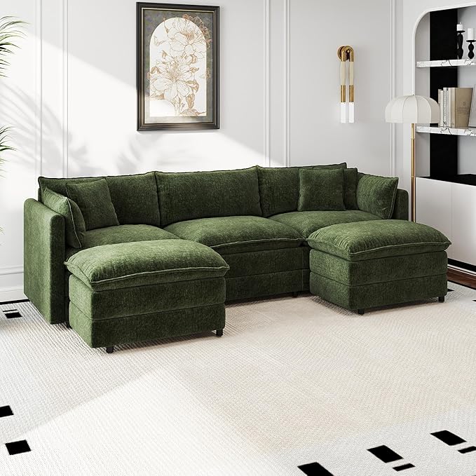 Aoowow Modular Sectional Sofa Modern Convertible U Shaped Couch,112.2 Inch Deep 3-Seater Sofas Set Comfy Chenille Cloud Sofas and Couches with Movable Ottoman for Living Room Apartment（Green）