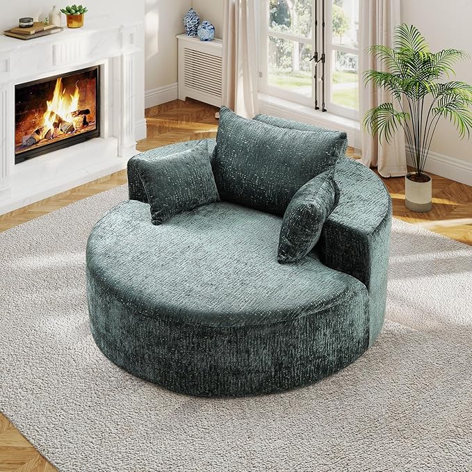 55"W Oversized Round Chair Lounge Chaise Indoor, Upholstered Comfy Circle Sofa Armchair, Modern Cozy Boneless Foam Floor Reading Chair for Living Room, Bedroom, No Assembly Required(Chenille, Green)