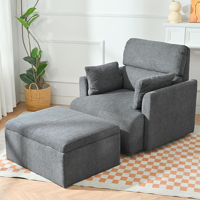 QKFF Modern Oversized Accent Chair with Storage Ottoman & 2 Side Pillows, Snowflake Fleece Upholstered Chaise Lounge Chair, Deep Seat Reading Chair for Living Room, 350lbs Capacity