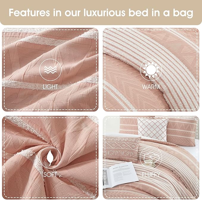 Grand Avenue Cotton California King Size Comforter Set, 6 Piece, Blush Geometric Jacquard Bedding Set, Bedskirt, Pillows & Shams, Home Decor