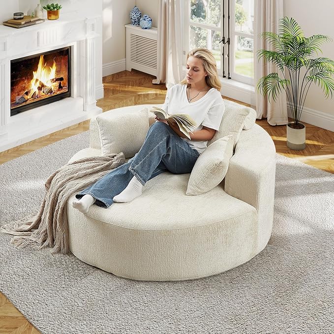 55"W Oversized Round Chair Lounge Chaise Indoor, Upholstered Comfy Circle Sofa Armchair, Modern Cozy Boneless Foam Floor Reading Chair for Living Room, Bedroom, No Assembly Required(Chenille, Beige)