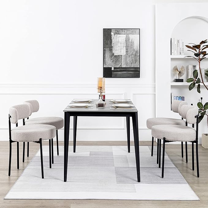 DYHOME Light Grey Boucle Dining Chairs Set of 2, Mid Century Modern Upholstered Kitchen Chairs with Curved Backrest and Black Metal Legs