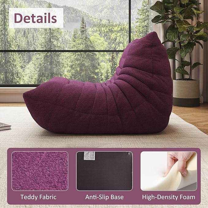 Bean Bag Chair, Oversized Bean Bag Chair for living Room, Fireside Chair for adults with Memory Foam Filled, Big Accent Sofa Lounge Floor Sofa for Gaming, Reading, Relax, No Assembly Required (Purple)