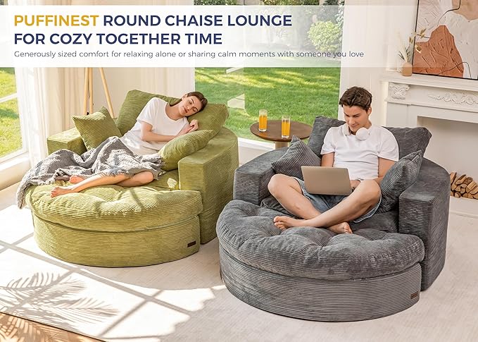 MAXYOYO Oversized Round Chaise Lounge Sofa, Upholstered Lounge Chair with 3 Pillows, Boneless Sofa Couch with Ottoman, Deep Seat Sleeper Chair for Living Room, Bedroom, No Assembly, Dark Grey