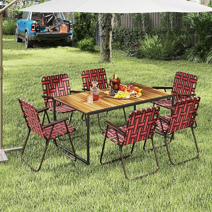 GYMAX Lawn Chair Folding, Webbed Beach Lounge Chairs Set with Highback, Outdoor Portable Lightweight Camping Dinning Chair for Patio, Lawn, Poolside, Sports, Garden, Backyard (2,Red)