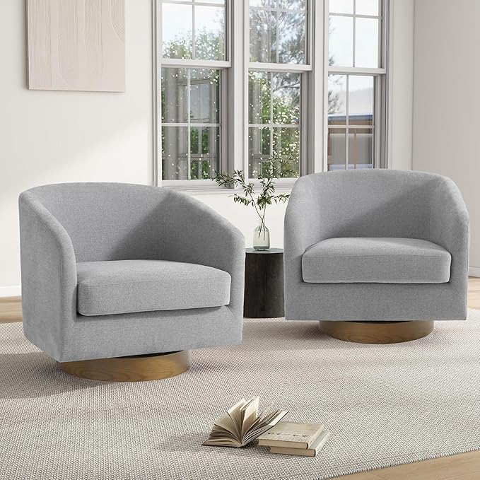 Swivel Barrel Chair, Modern Round PU Leather Accent Armchair for Living Room, Bedroom, Oversized Comfy Club Reading Chairs for Adults (Chenille Light Grey, Set of 2)