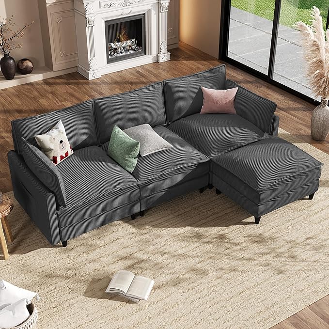 Apicizon 108" Cloud Couch Sectional, L Shaped Cloud Sofa with Side Storage Pocket, Modern Corduroy Sofa Set for Living Room, Office, Grey