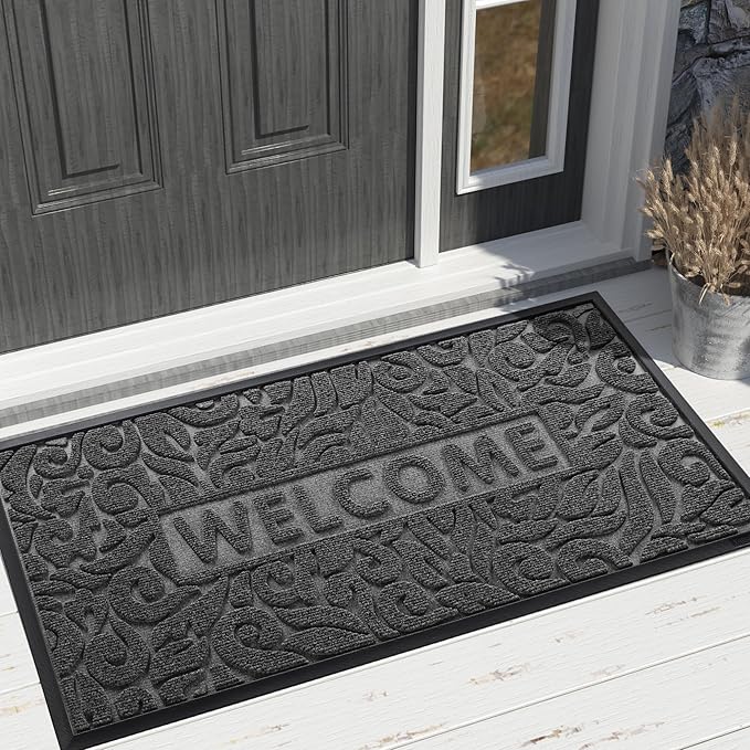 Yimobra Large Welcome Mat 47x24, Waterproof Non-Slip Outdoor Mats for Front Door Outside Entrance, Low-Profile Entryway Mat Indoor for Garage Patio, Grey