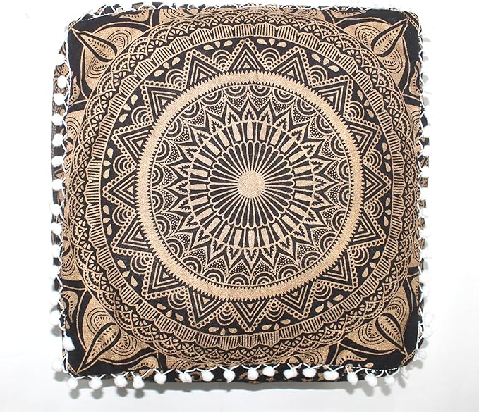 CRAFT KALA 18" Square Large Hippie Mandala Meditation Floor Ottoman Pillow Cushion Pouf Cover Square Poufs Bohemian Circle Floor Cushion Case Outdoor Fireplace Yoga Living Room Decor Cover Black Gold