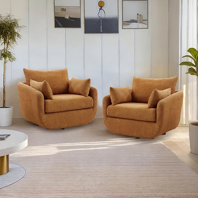 UNUQLIVCO 360° Swivel Accent Armchair Set of 2, 39.3" Oversized, Sherpa Boucle Fabric Sofa Chair with Removable Back & Arm Pillows, Swivel Chairs with Cozy Soft Padded, Curry
