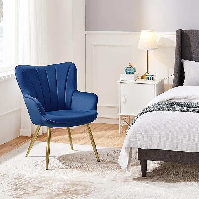 Yaheetech Velvet Accent Chair, Modern Armchair Vanity Chair with Wing Side and Metal Legs, Cozy and Soft Padded and High Back for Living Room/Home Office/Bedroom, Blue