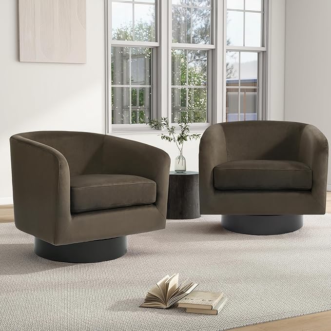 Swivel Barrel Chair, Modern Round PU Leather Accent Armchair for Living Room, Bedroom, Oversized Comfy Club Reading Chairs for Adults (Velvet Coffee, Set of 1)