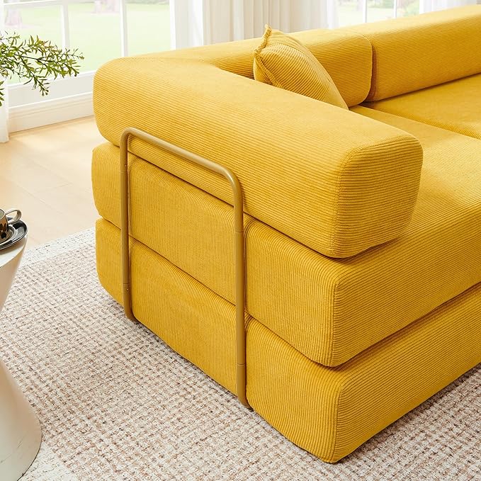 108" Convertible Sleeper Sofa Bed, Corduroy Folding Sofa Bed with Fixed-Shape Frame, Fold Out Floor Mattress Couch, Lazy Compression Sofas for Living Room, Bedroom, No Assembly Required,Yellow
