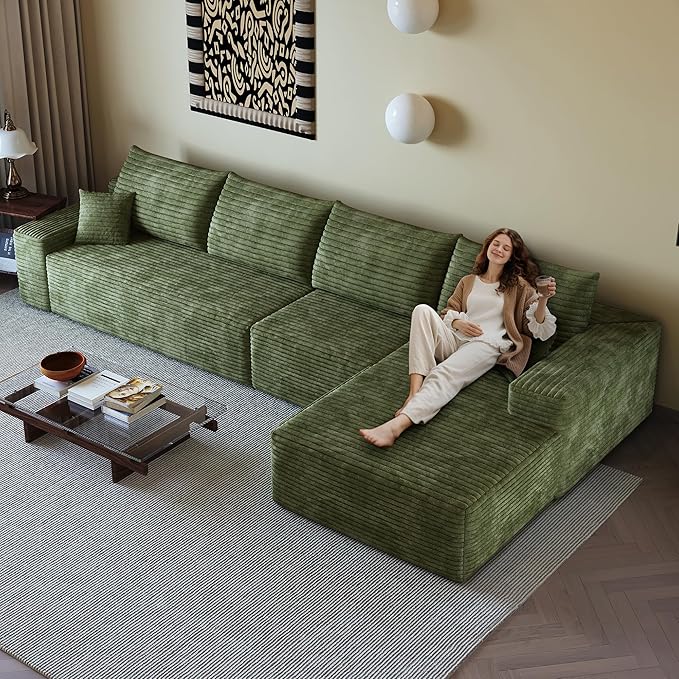 AUGOP 136" Sectional Couches for Living Room Modern Modular Sofa with L-Shape Couchs Upholstered Boneless Couch Deep Seat Sectional Couch with Chaise (Green, Right Facing Chaise+3Seaters)