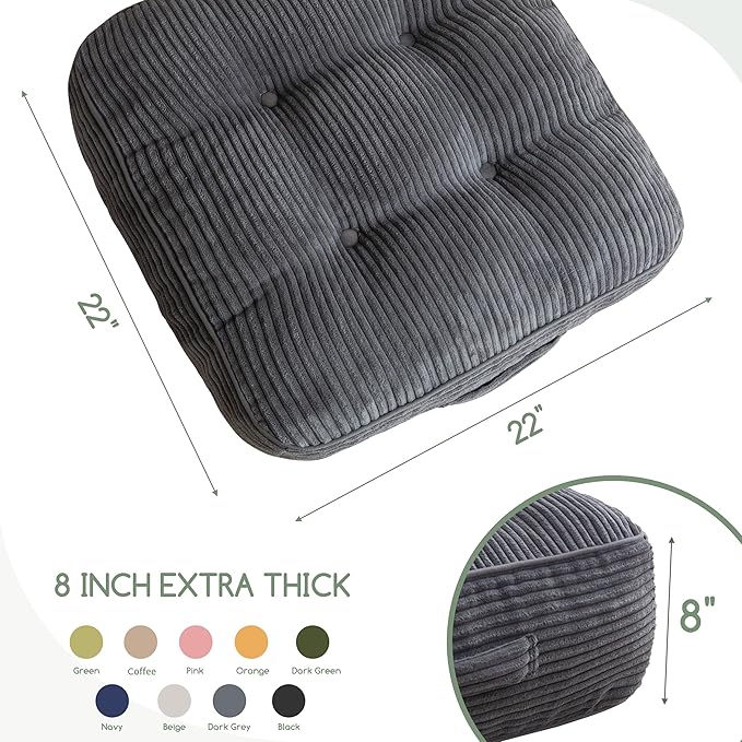 8" Washable Floor Pillow Cushion for Adults, Meditation Cushion Pillow, Large Square Floor Sitting, Removable Tufted Corduroy Cover, for Tatami Living Room or Yoga, 22x22 Inch, Machine Washable