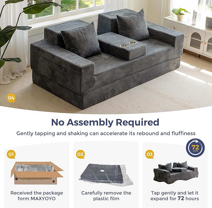 MAXYOYO Convertible Sofa Bed, 80" Oversized Boneless Loveseat Couch 4 in 1 Foldable Floor Sofa Couch in A Box with 2 Cup Holders, Folding Sleeper Chair for Living Room, No Assembly Required, Dark Grey