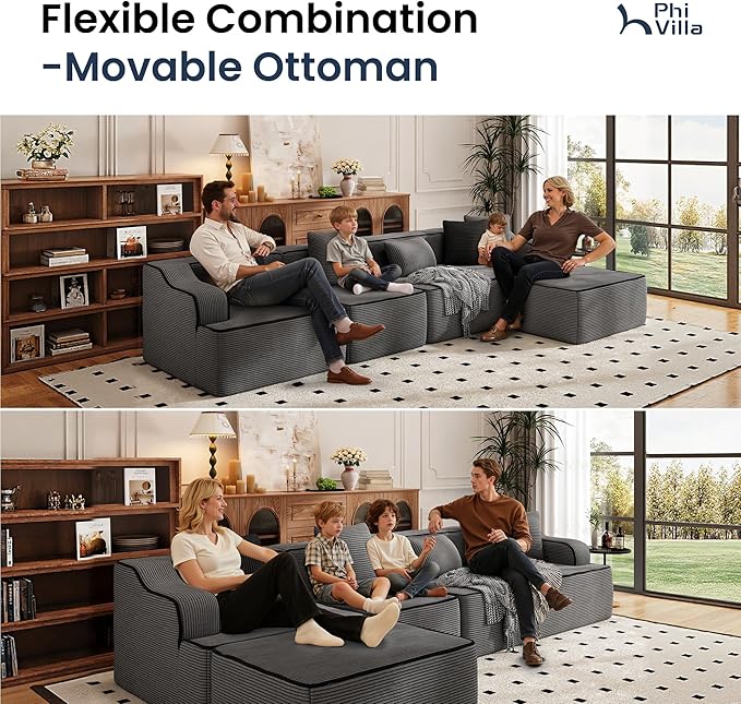 PHI VILLA Cloud Modular Couch Sets, 134" L-Shaped Sectional Sofa with Movable Ottoman, 5-Seater Couches with Deep Seat for Living Room, No Assembly Required, Corduroy, Grey