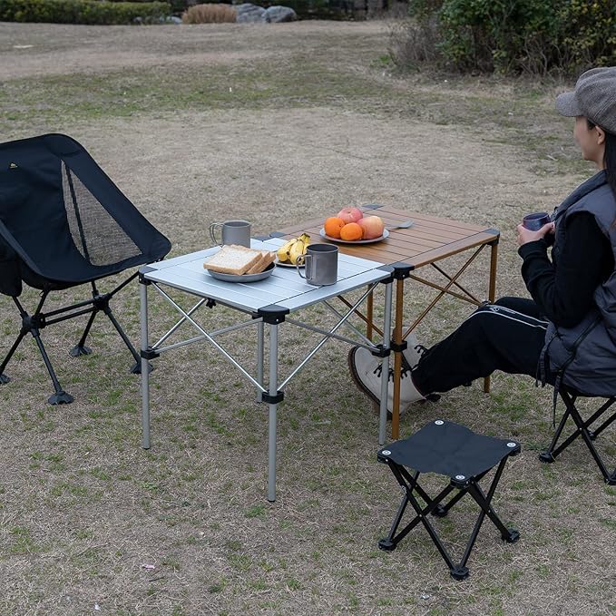 iClimb Lightweight Stable Alu. Folding Square Table Roll Up Top with Carry Bag for Camping Picnic Backyards BBQ Camp Kitchen (Black, M)