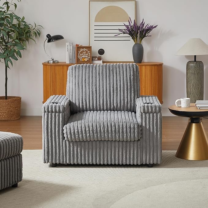 Eafurn 42.5" Oversized Accent Chair with Storage Ottoman Convertible Chaise Lounge, Corduroy Cloud Sofa Chair w/Cupholders, Modern Extra Wide Armchair