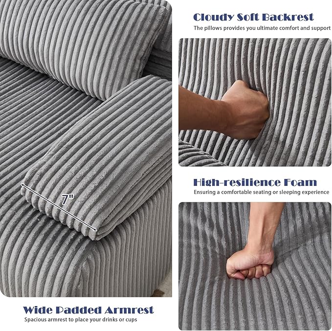 38" Bean Bag Single Chair for Living Room Bedroom, Corduroy Boneless Chair with Armrest and Pillow, Memory Foam Beanbag Couch, Lazy Floor Sofa for Reading Gaming Living Room Bedroom (2, Gray)