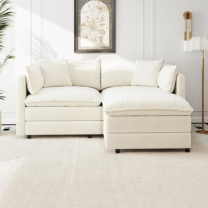 Aoowow Modular Sectional Sofa Modern Convertible Loveseat Couch,77.16 Inch Deep 2-Seater Sofas Comfy Chenille Cloud Sofas and Couches Set with Movable Ottoman for Living Room Apartment（Beige）