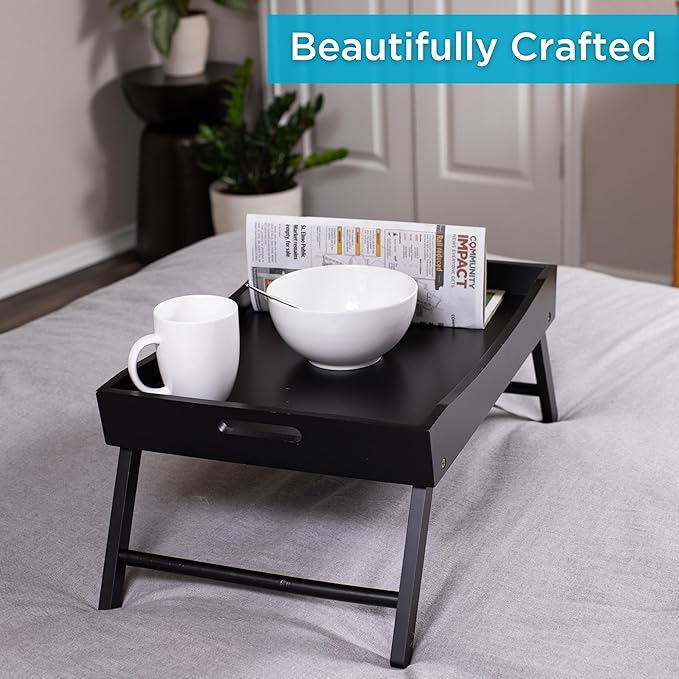 BIRDROCK HOME Wood Bed Tray for Eating | TV Tray with Folding Legs | Wide Breakfast Serving Lap Desk with Sides & Handles | Laptop Table | Foldable Study Writing Table | Adjustable Food Tray | Black