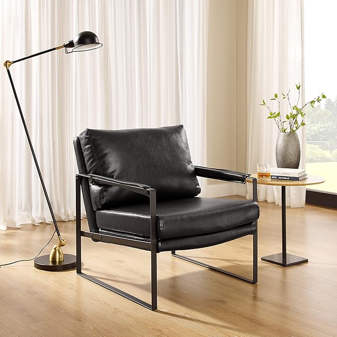 Zouron PU Leather Accent Chair for Bedroom, Living Room Chairs Modern Contemporary Upholstered Armchair with Metal Frame, for Living Room, Office, Reception Area, Set of 2, Black