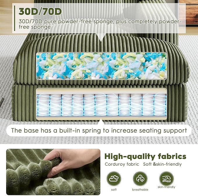 Oversized Chaise Lounge Sofa Chair Indoor，Soft Corduroy Fabric, Boneless sofawith Cushion，A Comfortable, deep-Seated Cloud Sofa for use in The Living Room.(Singler-Right-arm-Green)