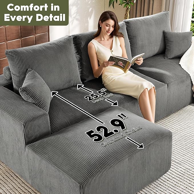 WESTSETLUX 108” Cloud Sectional Sofa Couch with High-Seat, Corduroy Modular Sofa with Oversized Chaise, High-Back Modern L-Shaped Couches for Living Room, No Assembly Required (Grey)
