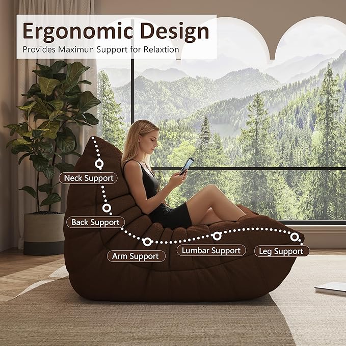 Bean Bag Chair, Oversized Bean Bag Chair for Living Room, Fireside Chair for Adults with Memory Foam Filled, Big Accent Lounge Floor Sofa for Reading, Relax, No Assembly Required. (Coffee 3-Seater)