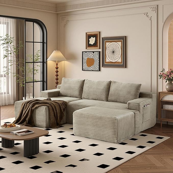 96" Sectional Couches for Living Room Cloud Couch Sofa with L-Shape Upholstered Boneless Couchs Modern Modular Sectional Couch with Chaise (Camel, 96" W+Left Facing Chaise+2Seaters+Ottoman)