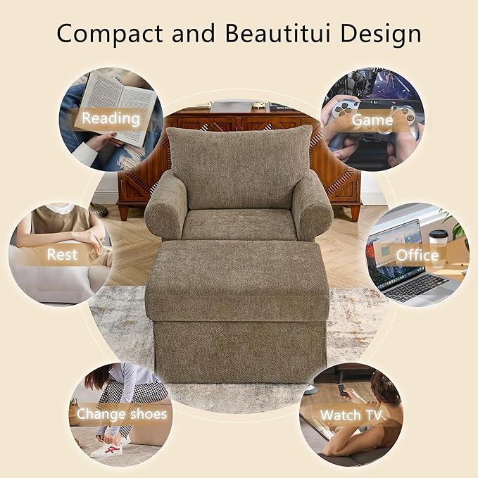 35.82" Accent Chair with Ottoman Set Upholstered Living Room Chairs for Reading Chair with Chaise Lounge Chairs Indoor, Comfortable Armchair for Bedroom (Brown, 35.82")