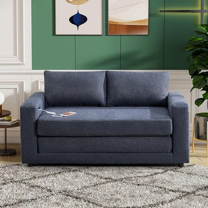 Chorlenimi Convertible Sofa Bed Comfy Linen Sleeper Sofa with Storage Pockets,USB Charging Port,Futon Floor Couch for Living Room,Bedroom,Apartment (Blue, 48 Inches)