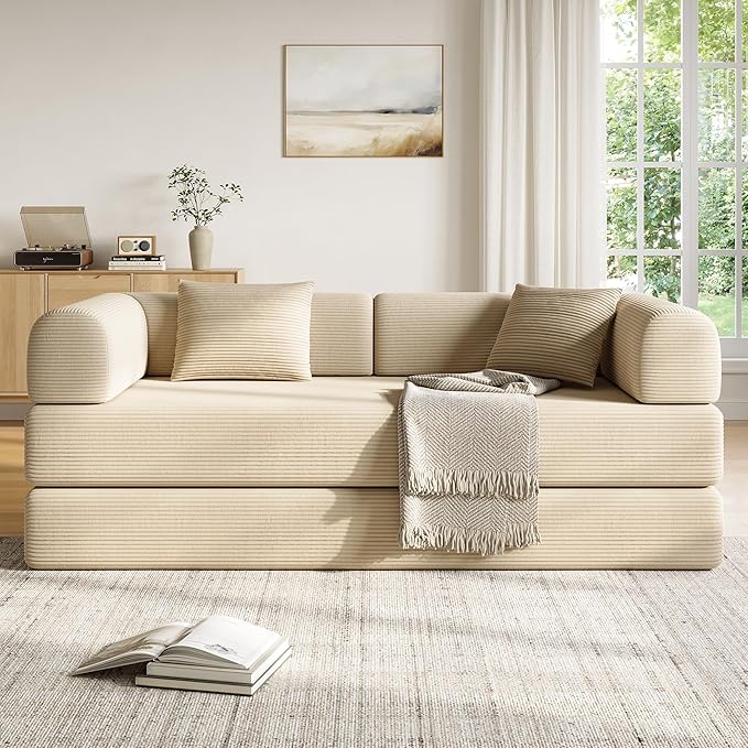79 Inch 5-in-1 Convertible Sofa Bed, Corduroy Boneless Floor Couch with Fixed Frame & Pillow, Modular Folding Mattress Lounger for Small Space, Living Room, Bedroom - Easy Assembly(Beige)