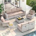9 Piece Outdoor Wicker Rattan Sectional Sofa Set with Swivel Chairs, 7-Seats Conversation Set with 4" Thickened Cushions & Coffee Table, All-Weather PE Rattan for Garden, Backyard, Porch, Beige