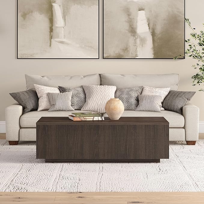 Henn&Hart 48" Fluted Rectangular Low-Profile Coffee Table for Living Room, Family Room, or Office, Alder Brown