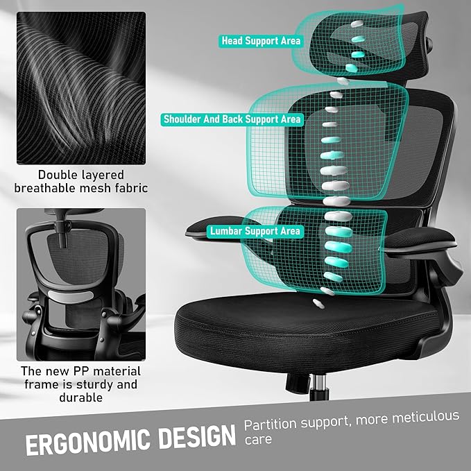 High Back Ergonomic Office Chair, Breathable Mesh Desk Chair with Lumbar Support, Adjustable Headrest, Flip-up Armrests, Computer Gaming Chair, (Black, 1Pack)