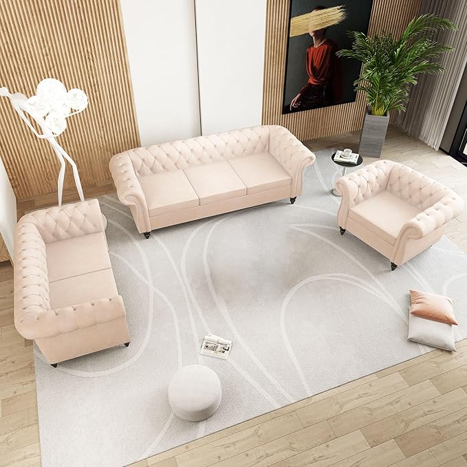 QHITTY Accent Chair, Chesterfield Chair Modern Velvet Upholstered Chair with Tufted Back for Living Room Furniture (Beige)